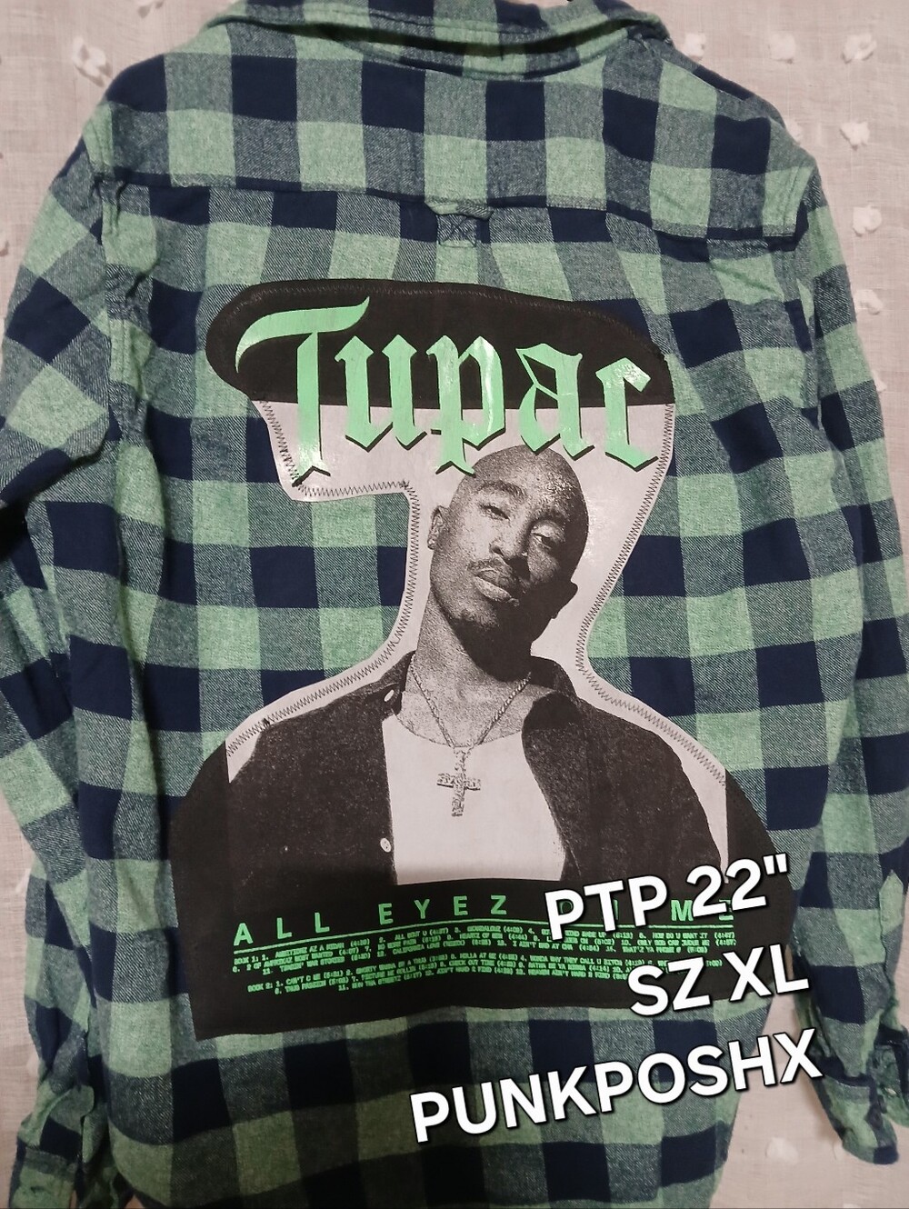 UPCYCLED VINTAGE TUPAC GRAPHIC ON FLANNEL UNISEX SZ XL